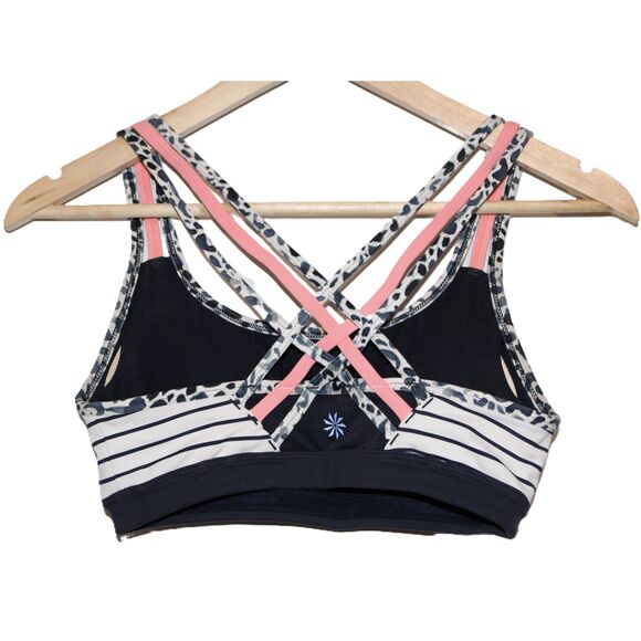 Womens Athleta White Navy Blue Pink Leopard Print Strappy Back Sports Bra Sz XS - Picture 2 of 8